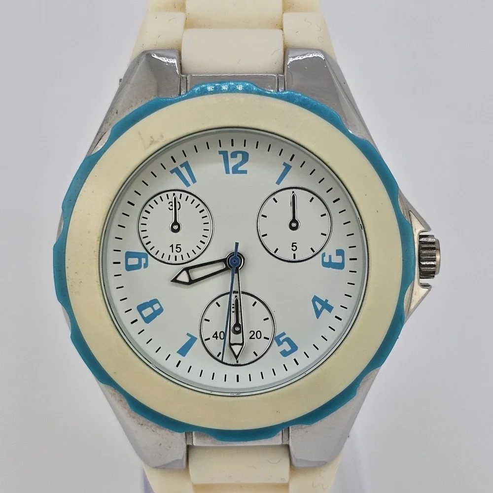 Unisex Analog Watch 40MM White Dial Cream Plastic Bands New Battery‎